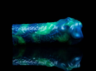 A blue and green Axa the Singularity Stroker by Fantasticocks on a black background.