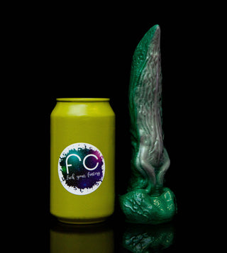 We use a soda can to compare sizes for all of our sex toys, shown here is Audri the Sprout.