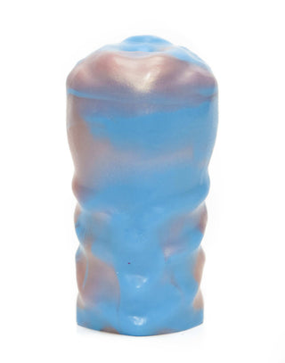 A blue and brown Travus the Trans Male Stroker, a sex toy designed for trans men by Fantasticocks, against a white background.