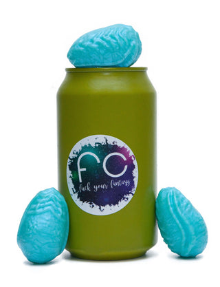 A can with blue eggs in it, featuring "Kelpie Style Kegel Eggs Clutch" by Fantasticocks and an ovipositor for added vaginal fun.